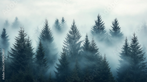 Misty pine forest with thick fog rolling through the trees, creating a mysterious and atmospheric scene of nature's beauty