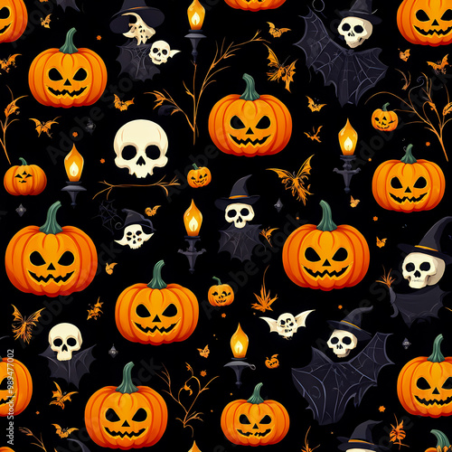 seamless pattern of halloween elements like pumpkin, skull, ghost, witch hat, lantern, bat on abstract background, illustration wallpaper