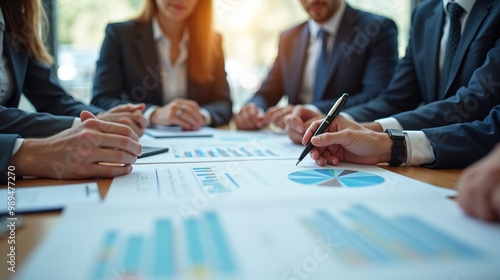 A corporate compliance meeting with professionals reviewing documents, emphasizing attention to detail and regulations