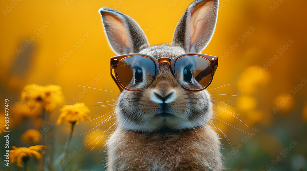Fototapeta premium Cute Rabbit Wearing Sunglasses in a Field of Yellow Flowers - Illustration