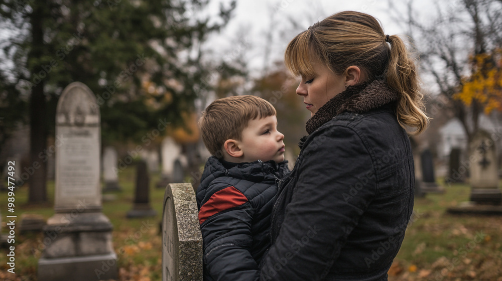 A mother comforts her young son at a cemetery during autumn's gentle twilight hours A mother comforts her young son at a cemetery during autumn's gentle twilight hours