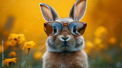 Cute Rabbit Wearing Sunglasses in a Field of Yellow Flowers - Illustration