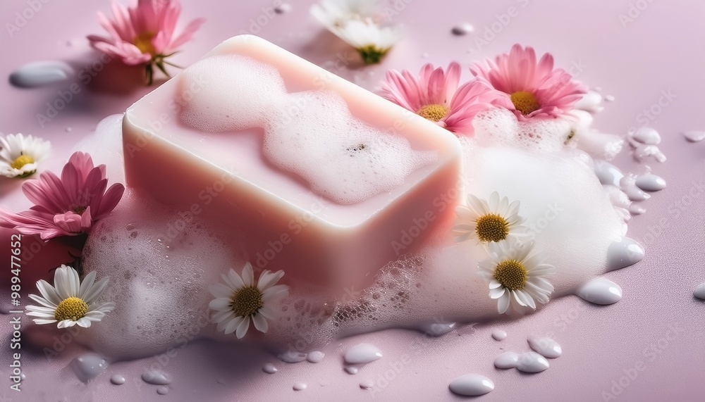 Bar soap is kept on a minimalist background with flowers surrounding it and foam Bar soap is kept on a minimalist background with flowers surrounding it and foam