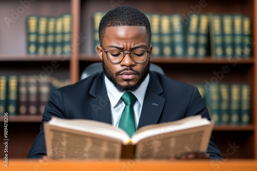 A lawyer reading a thick legal textbook, concentrating deeply as they search for case law and precedents photo