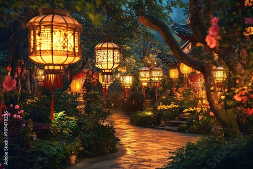 Magical Garden Bathed in Warm Lantern Light