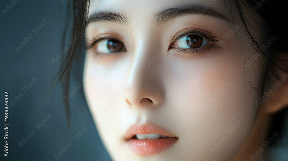 Close-up of a young woman with striking features and expressive eyes in soft natural light Close-up of a young woman with striking features and expressive eyes in soft natural light