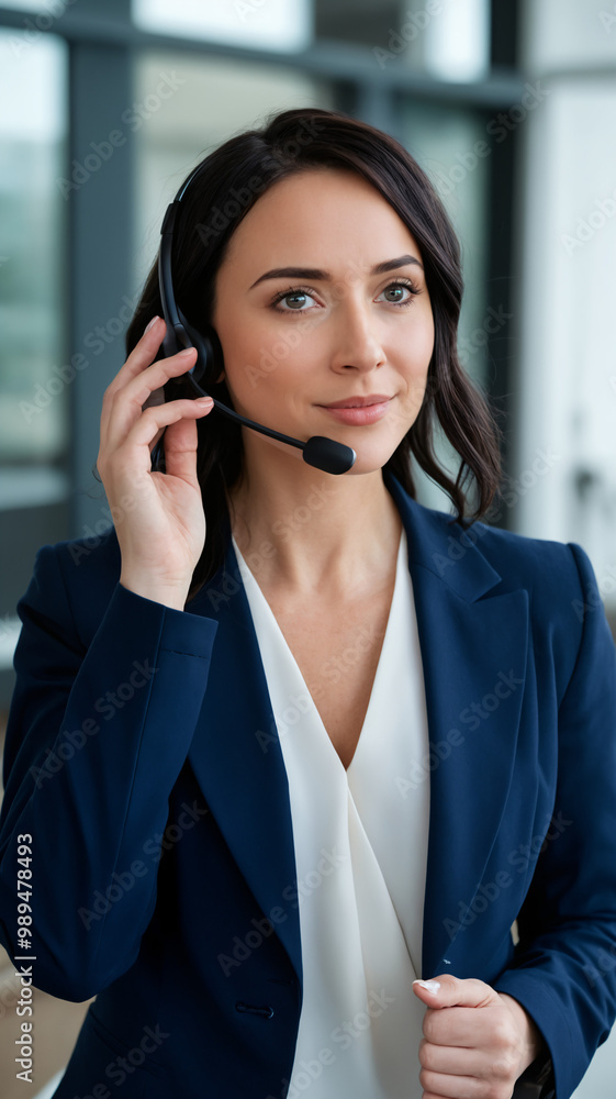 Friendly customer service representative with headset in modern office