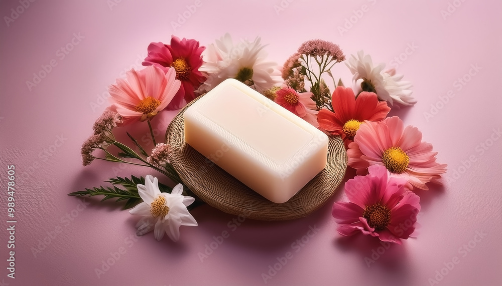 Bar soap is kept on a minimalist background with flowers surrounding it Bar soap is kept on a minimalist background with flowers surrounding it