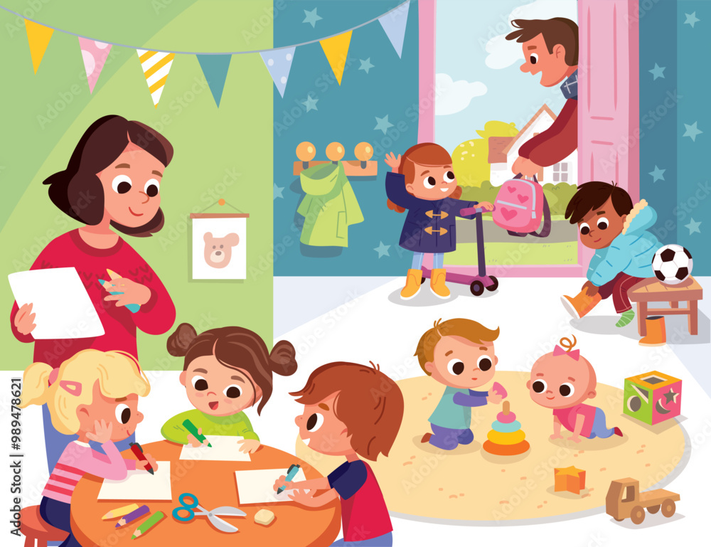 Cozy interior of a kinder garden. Children play together. Art class with kids drawing. Father brings a child to a kinder garden. Preschool kids. Boys and girls spare time and have fun. Cozy interior of a kinder garden. Children play together. Art class with kids drawing. Father brings a child to a kinder garden. Preschool kids. Boys and girls spare time and have fun.
