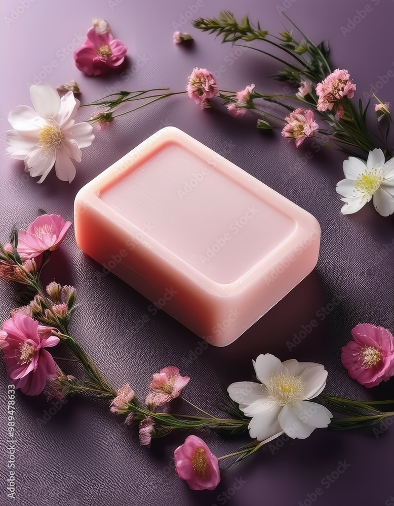 Bar soap is kept on a minimalist background with flowers surrounding it Bar soap is kept on a minimalist background with flowers surrounding it