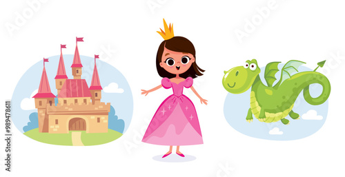 Princess, castle, dragon. Fairy characters. Cute dragon flying. Pretty princess in a pink dress.