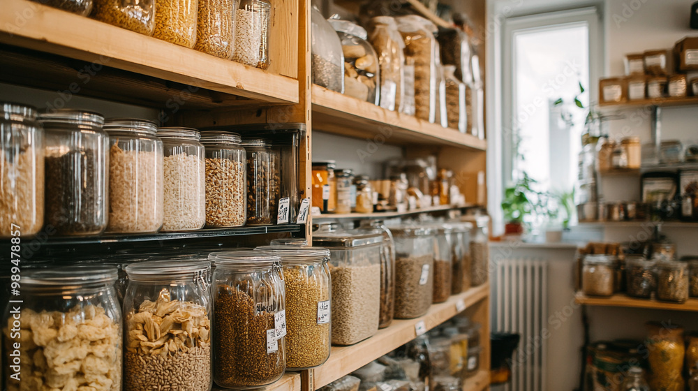 Cozy local market showcasing jars of various spices and grains on wooden shelves in daylight Cozy local market showcasing jars of various spices and grains on wooden shelves in daylight