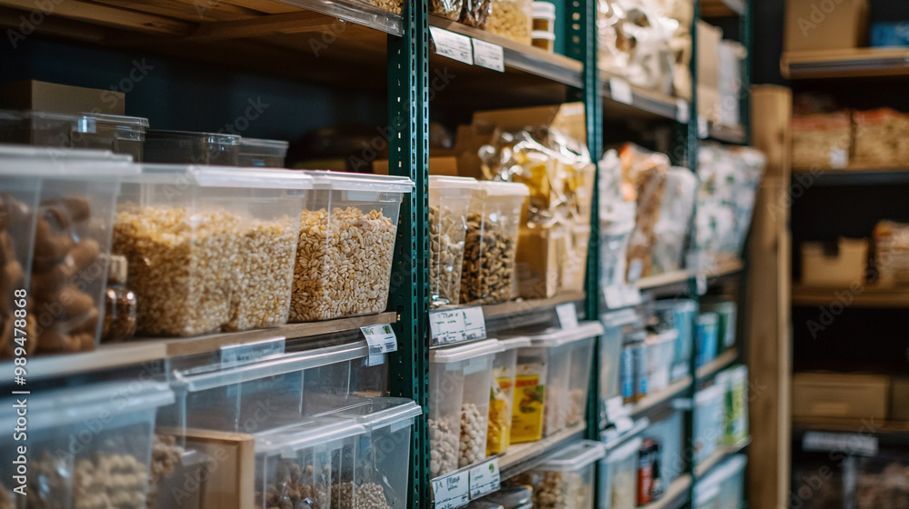 A well-organized display of various grains and nuts in a grocery store aisle