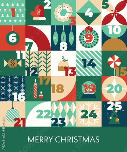 Colorful Christmas advent calendar in modern geometric style