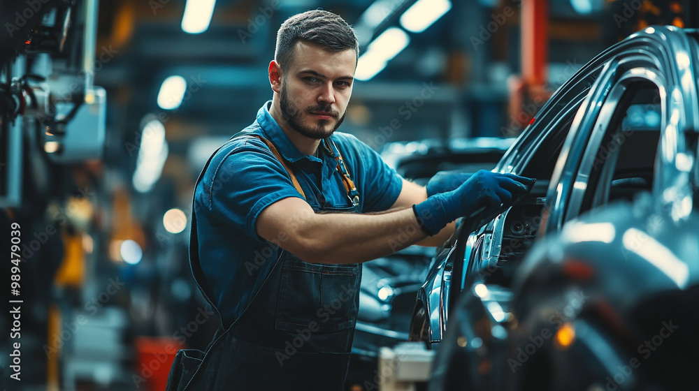 Skilled worker applying finishing touches to a car in an automotive factory during the day Skilled worker applying finishing touches to a car in an automotive factory during the day