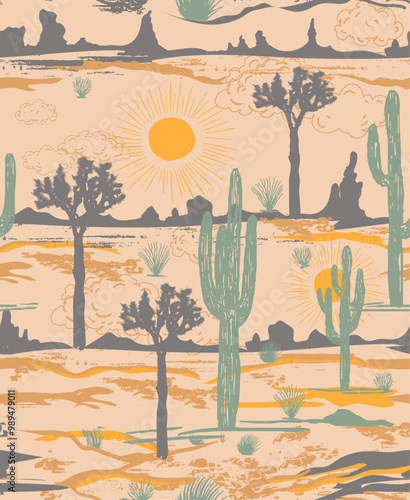 desert pattern feel the sunset. joshua tree with cactus patteern. summer pattern design in desert theme. mountain pattern design. apparel fabric textaile background.