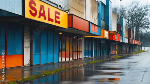 An American high street with colorful but fading Sale banners shops offering heavy discounts. photo