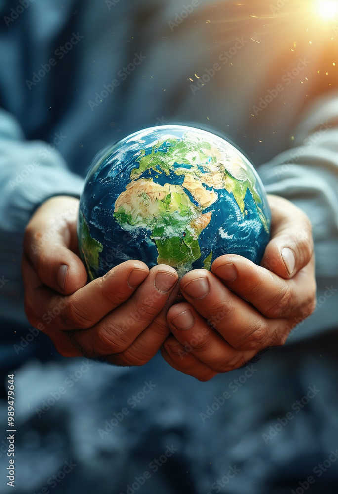 Hands holding Earth globe with sunlight Hands holding Earth globe with sunlight