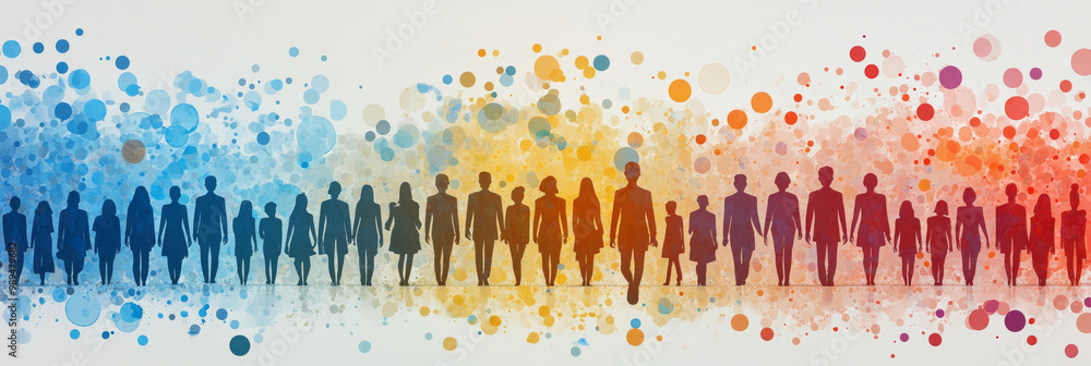 custom made wallpaper toronto digitalSilhouettes of people stand in a row, against a colorful background.