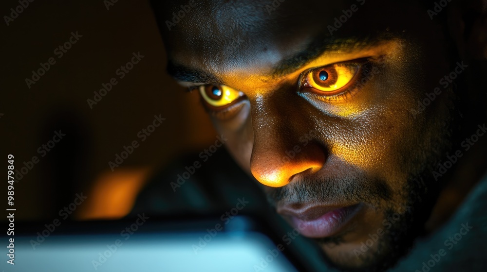 A man gazes at a tablet with the light from his distinct yellow eye bouncing off the screen and illuminating his face A man gazes at a tablet with the light from his distinct yellow eye bouncing off the screen and illuminating his face