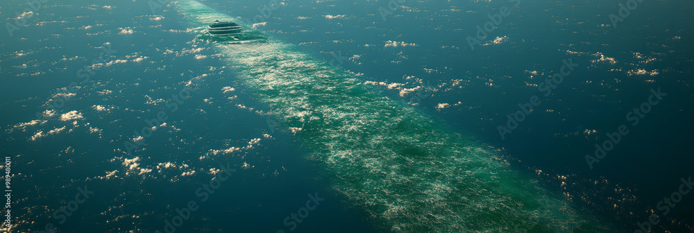 Naklejka premium A ship leaves a foamy wake as it sails across the deep blue ocean.