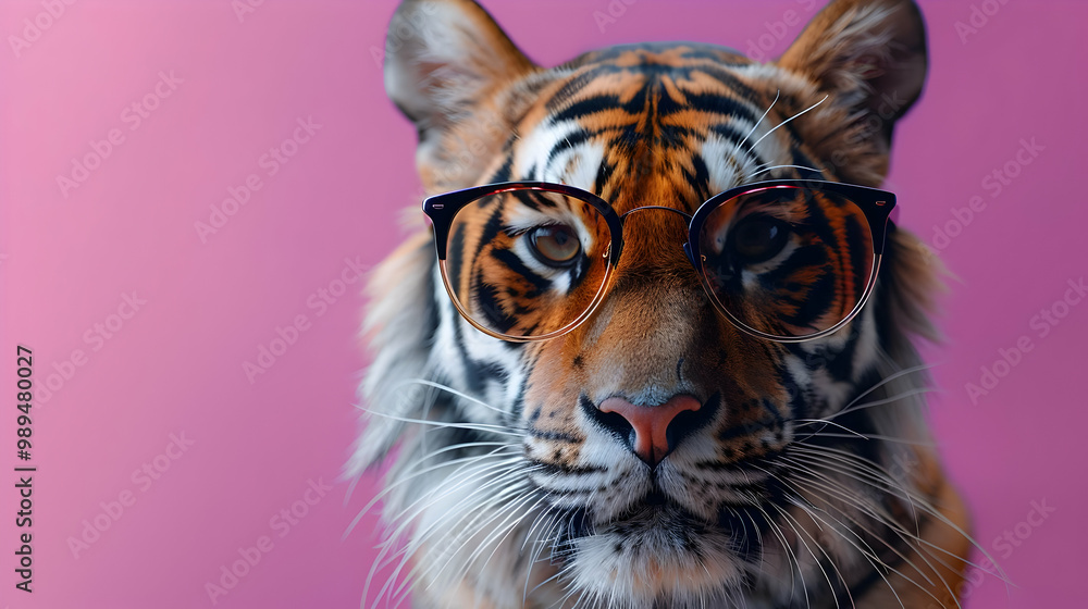 Naklejka premium Tiger Wearing Glasses - Realistic Animal Illustration