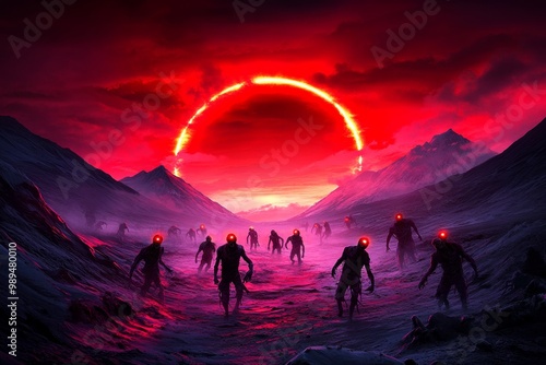 A post-apocalyptic scene with zombies roaming a red-lit wasteland, their glowing eyes and rotting forms creating a nightmarish landscape, in a zombie fantasy artwork illustration photo