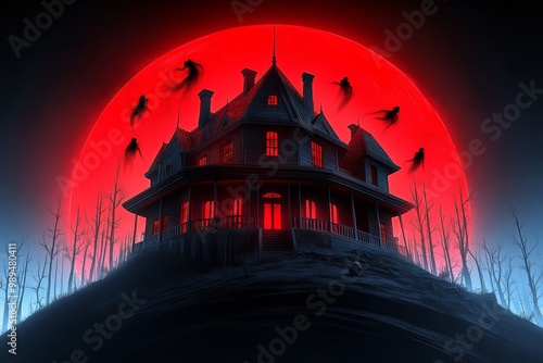 A scary haunted mansion on a hill, bathed in red light, with shadowy spirits and ominous figures moving in the windows, in a scary fantasy artwork illustration photo