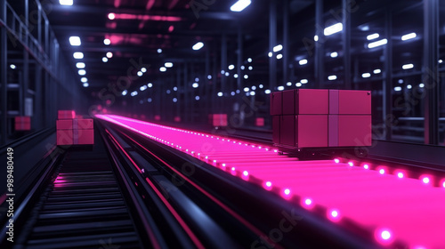 Pink boxes move along a conveyor belt in a futuristic warehouse.