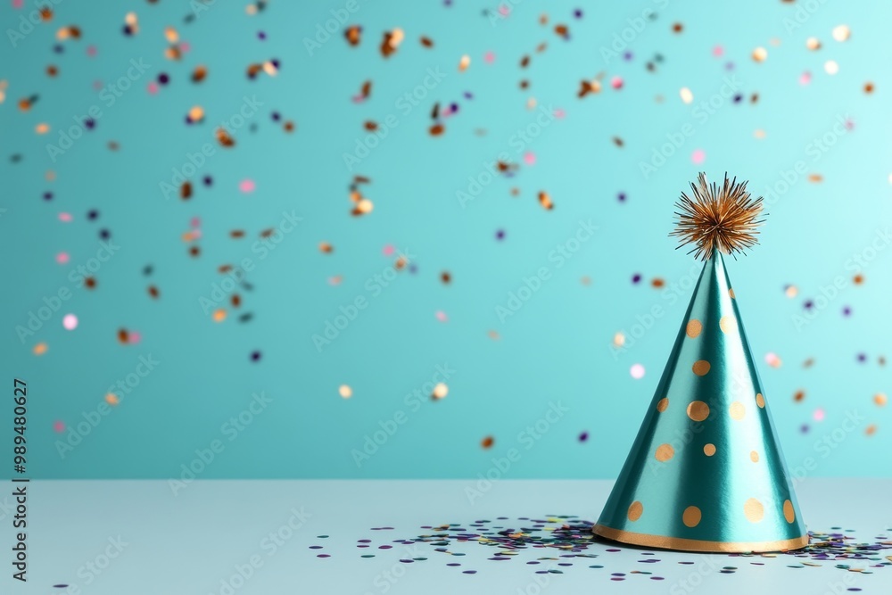 A simple party hat and confetti on a blank surface, symbolizing a quiet, understated celebration A simple party hat and confetti on a blank surface, symbolizing a quiet, understated celebration