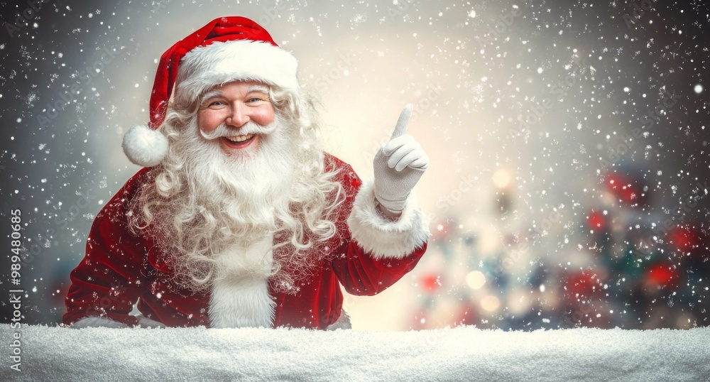 Smiling Santa Claus pointing on blank advertisement banner background with copy space Smiling Santa Claus pointing on blank advertisement banner background with copy space