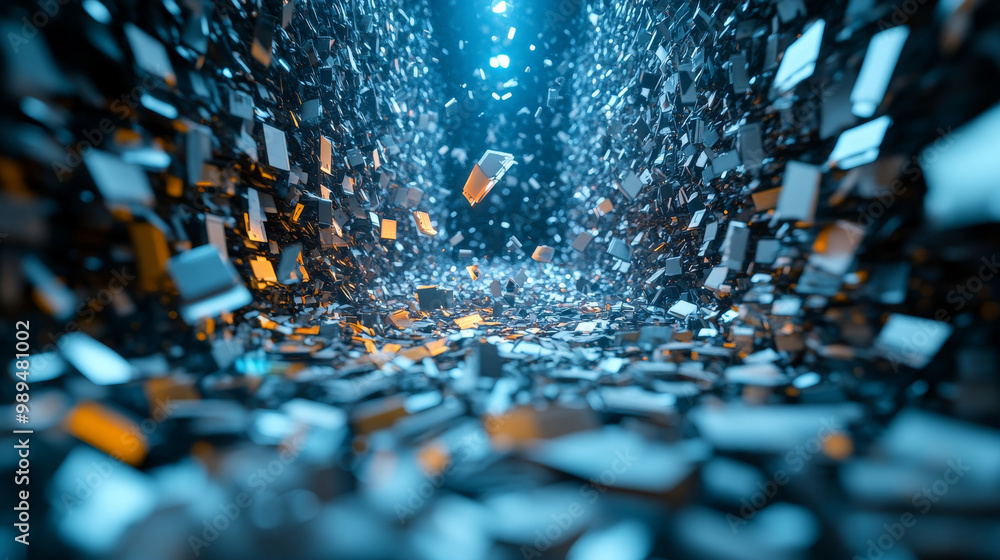 Obraz premium Abstract 3D digital art of a tunnel of metallic blocks, with a bright light at the end.