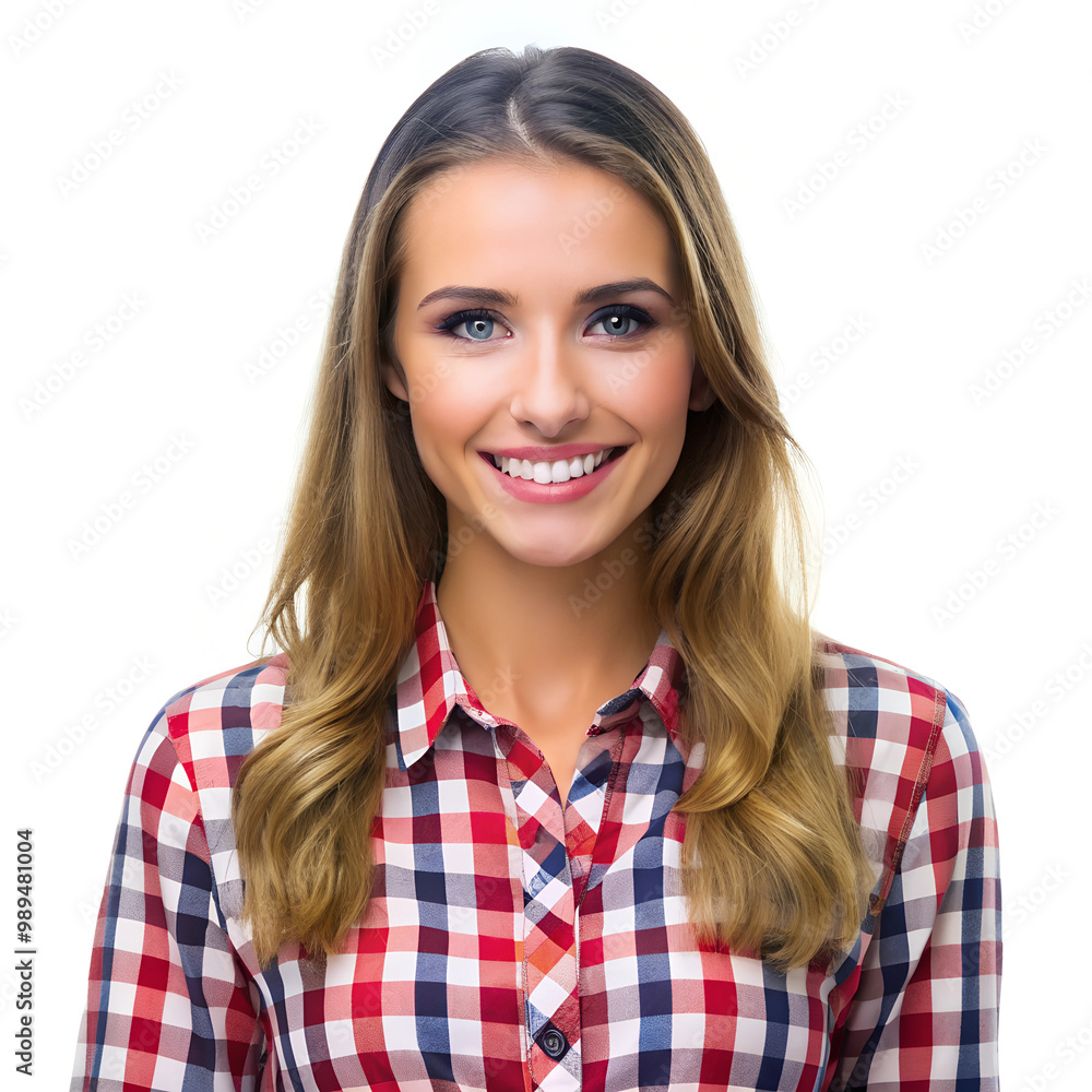 Smiling young woman in checkered shirt, white background, isolated. Casual fashion, positive emotion, portrait Smiling young woman in checkered shirt, white background, isolated. Casual fashion, positive emotion, portrait