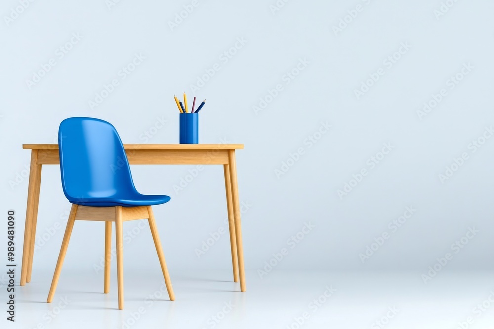 A single student’s chair and desk set against a plain white background, symbolizing individual learning in a minimalist style A single student’s chair and desk set against a plain white background, symbolizing individual learning in a minimalist style