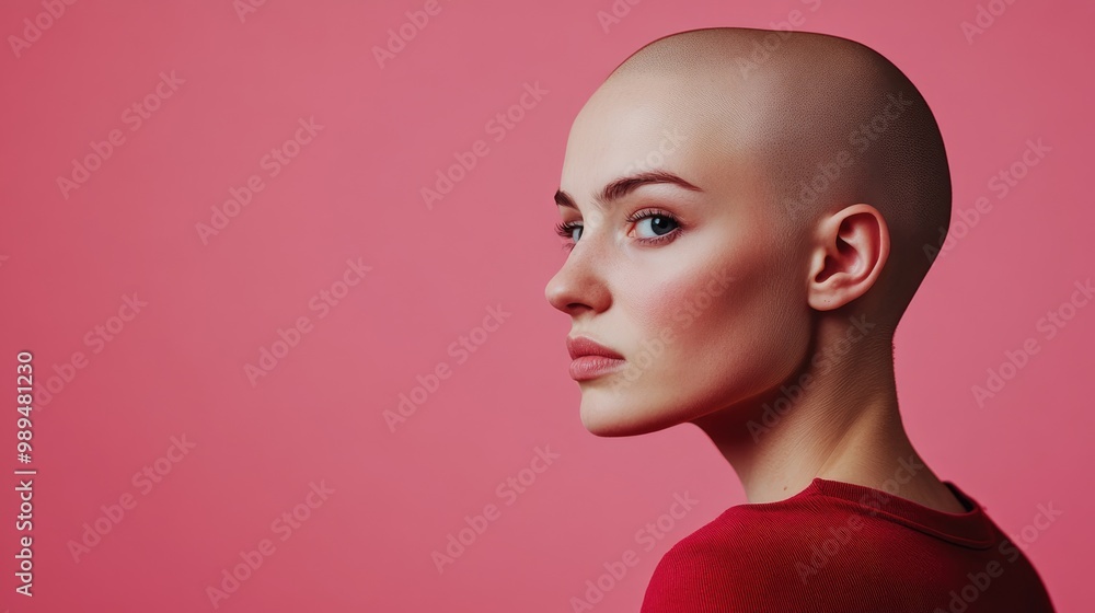 Young bald woman battling cancer portrait against a pink background Young bald woman battling cancer portrait against a pink background