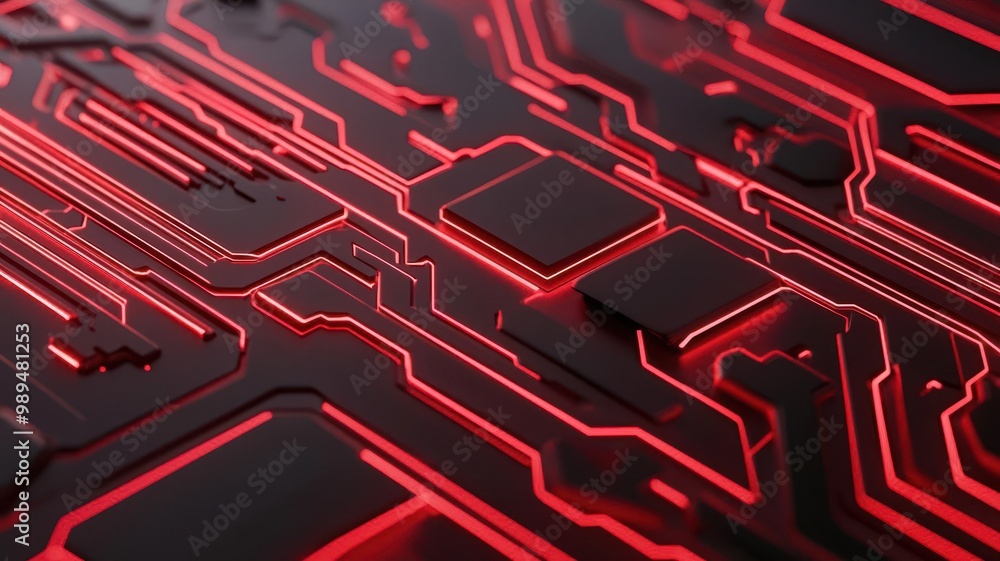 Obraz premium A close-up view of a dark circuit board with glowing red lines, depicting intricate electronic pathways and modern technology.