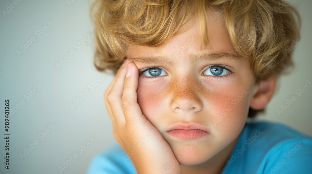 A boy holds his cheek, displaying a deep expression of pain and sadness A boy holds his cheek, displaying a deep expression of pain and sadness