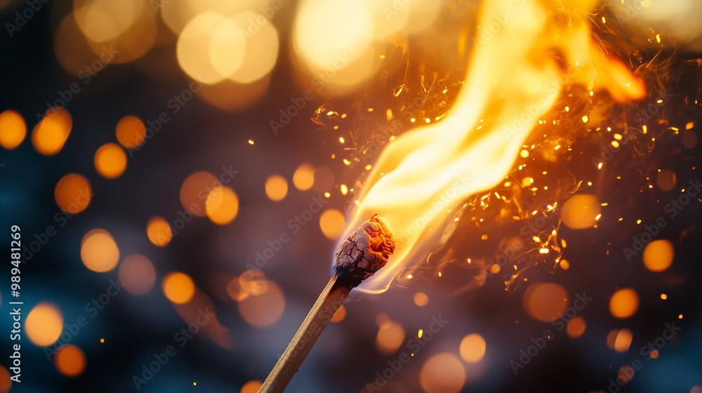 A close-up of a flaming matchstick against a blurred bokeh background at dusk A close-up of a flaming matchstick against a blurred bokeh background at dusk