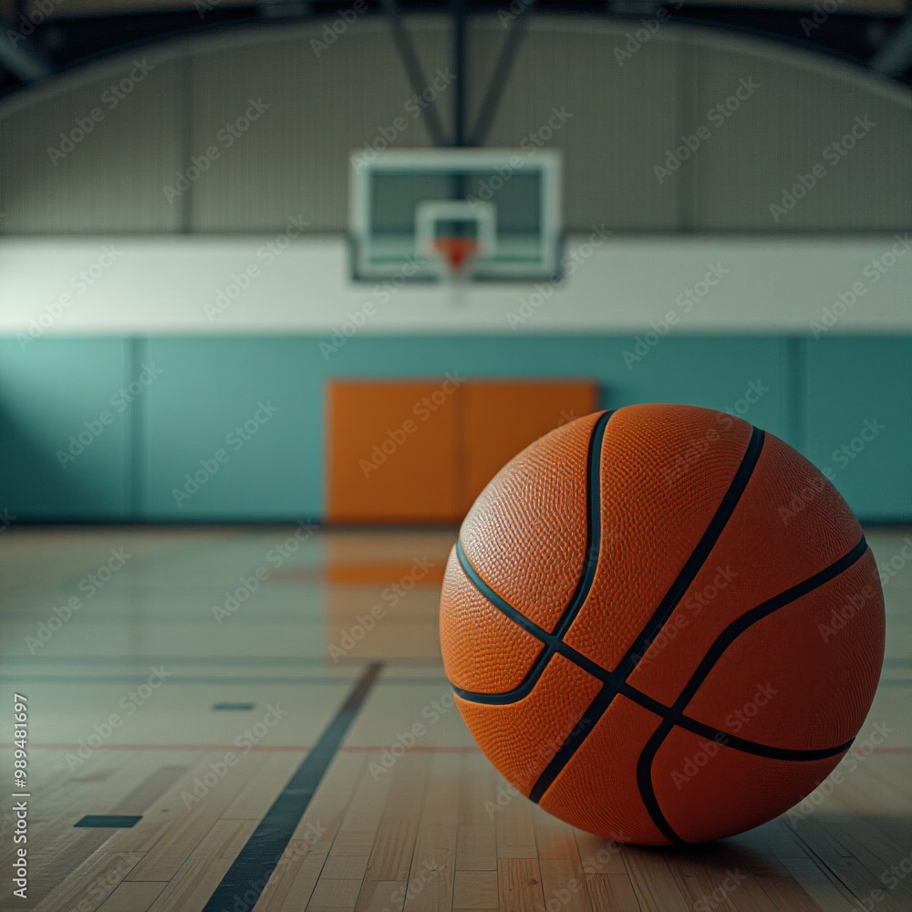 A basketball ball is lying in empty gym on a gray background, no people, sport lifestyle, school gym A basketball ball is lying in empty gym on a gray background, no people, sport lifestyle, school gym