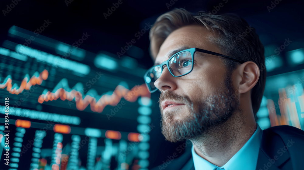 a businessman wearing eyeglasses, looking at stock market data on a digital screen a businessman wearing eyeglasses, looking at stock market data on a digital screen