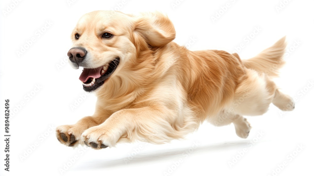 A golden retriever jumps excitedly, embodying happiness and playfulness in a lively display of movement A golden retriever jumps excitedly, embodying happiness and playfulness in a lively display of movement