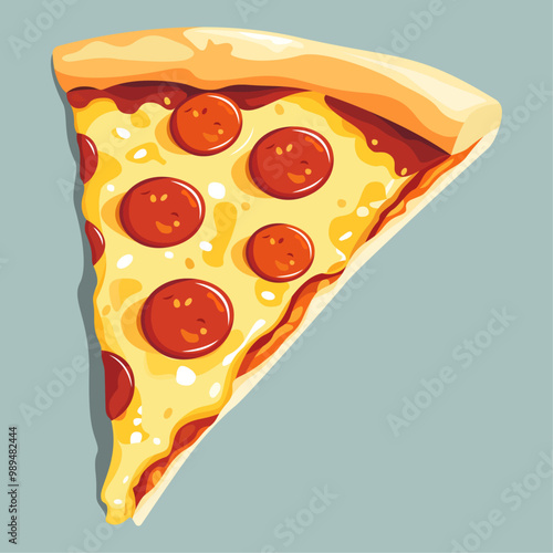 Realistic slice of pepperoni pizza on a blue background, vector illustration