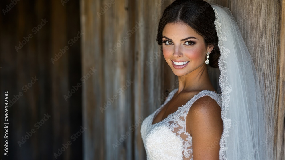A radiant bride smiles warmly while showcasing her elegant wedding dress near a rustic wooden surface A radiant bride smiles warmly while showcasing her elegant wedding dress near a rustic wooden surface