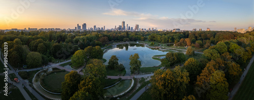 Wallpaper Mural Pole Mokotowskie park in autumn with Warsaw city skyline, high resolution panorama at sunset. Torontodigital.ca