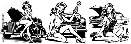 retro pinup girl and classic car collection in minimalist black and white vector