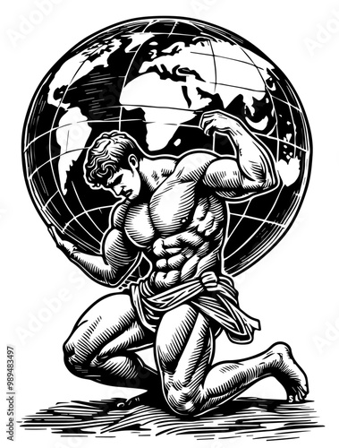 black and white vector of atlas lifting the globe in line art style