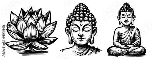 spiritual buddha meditating collection in black and white vector style