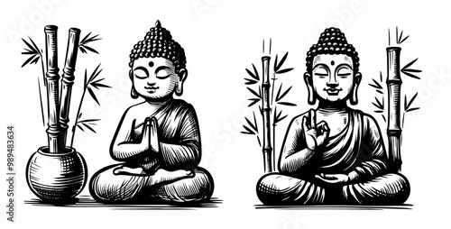 artistic collection of meditating buddha in black and white vector