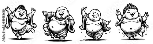 collection of happy dancing fat buddha in black and white line art vector