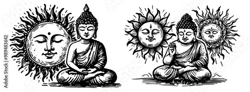 spiritual buddha meditating with sun collection in line art vector style